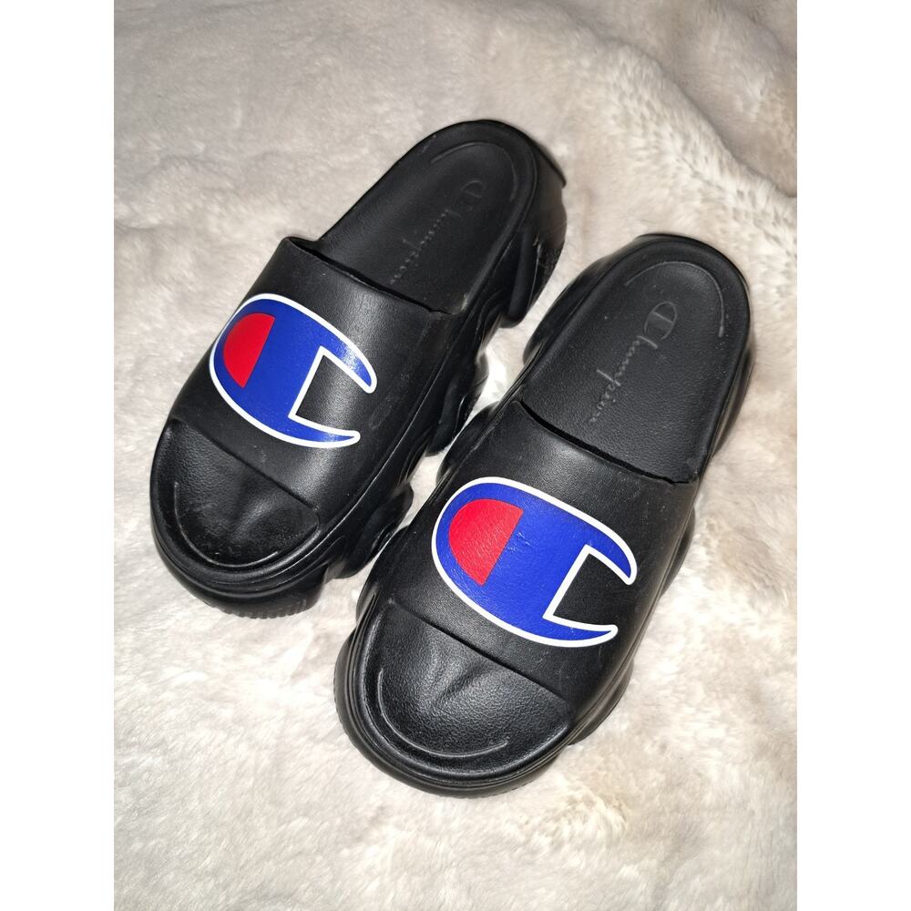 Champion Men's Comfort Slide Sandals with Logo Black Blue Red White Size 6 - Picture 2 of 6